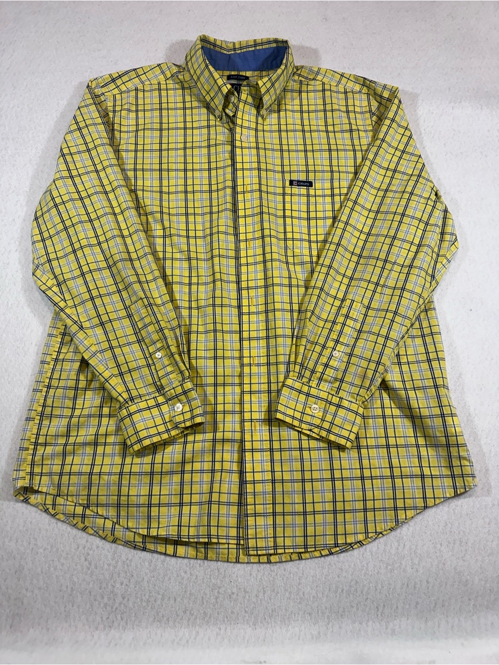 Chaps Yellow Plaid Button-Up with Blue Windowpane Lines and Logo Sz Large